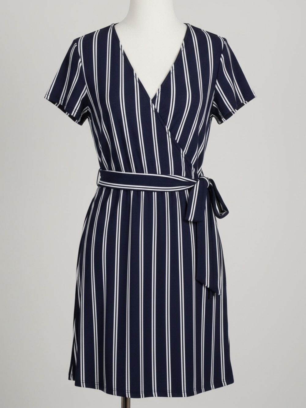Derek Heart Navy and White Vertical Stripe Wrap Dress